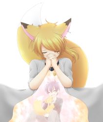 Rule 34 | 1girl, :p, animal, animal ears, arire (kazuani), bad id, bad pixiv id, blush, collarbone, commentary request, copyright request, earrings, eyebrows, closed eyes, fox, fox ears, fox tail, grey jacket, grey pants, hair between eyes, holding, holding animal, jacket, jewelry, knees up, licking, long sleeves, mole, mole under eye, necklace, open clothes, open jacket, own hands clasped, own hands together, pants, pendant, ponytail, praying, purple hair, sitting, solo, stud earrings, sweater, tail, tongue, tongue out