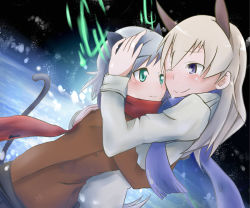 Rule 34 | 2girls, animal ears, blonde hair, blue eyes, blush, cat ears, cat tail, coat, comforting, eila ilmatar juutilainen, fox ears, geroika, green eyes, hand on another&#039;s head, hirschgeweih antennas, hug, long hair, multiple girls, official alternate costume, p don, sanya v. litvyak, scarf, short hair, silver hair, smile, strike witches, tail, tears, world witches series
