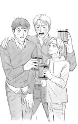 Rule 34 | 1girl, 2boys, absurdres, alcohol, annie leonhart, beer, beer mug, blush, celebration, cropped legs, crying, cup, drinking glass, greyscale, happy, highres, holding, holding cup, layered shirt, monochrome, mug, multiple boys, pants, shingeki no kyojin, short hair, smile, standing, streaming tears, tears, toasting (gesture), yyu078