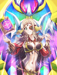 Rule 34 | 1girl, ahoge, black feathers, black wings, blonde hair, bodystocking, book, breasts, circlet, clear glass (mildmild1311), cleavage, colored sclera, creatures (company), eyepatch, feather collar, feathers, fire emblem, fire emblem fates, fire emblem heroes, game freak, gen 7 pokemon, green eyes, hair ornament, highres, holding, holding book, legendary pokemon, long hair, looking at viewer, lunala, medium breasts, navel, night, nintendo, o-ring, official alternate costume, ophelia (fire emblem), ophelia (starlit maiden) (fire emblem), pelvic curtain, pokemon, pokemon (creature), puffy sleeves, red sclera, smile, solo, swept bangs, wings