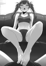 Rule 34 | 1girl, 40hara, bare shoulders, barefoot, feet, femdom, footjob, highres, looking down, monochrome, navel, open mouth, sportswear, teasing, toes, twintails