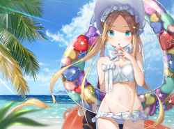 Rule 34 | 1girl, abigail williams (fate), abigail williams (swimsuit foreigner) (fate), abigail williams (swimsuit foreigner) (third ascension) (fate), absurdres, bare shoulders, bikini, blonde hair, blue eyes, blue sky, bonnet, bow, braid, breasts, eunip, fate/grand order, fate (series), forehead, hair bow, hair rings, highres, innertube, long hair, miniskirt, navel, parted bangs, sidelocks, skirt, sky, small breasts, solo, swim ring, swimsuit, twin braids, twintails, very long hair, white bikini, white bow, white headwear