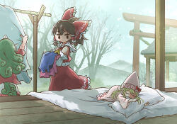 Rule 34 | 3girls, ascot, blonde hair, bow, brown hair, chamaji, clothes, commentary request, curly hair, detached sleeves, drying, drying clothes, frilled bow, frilled hair tubes, frills, futon, green hair, hair bow, hair tubes, hakurei reimu, hakurei shrine, hat, hat bow, highres, horns, komainu ears, komano aunn, laundry, laundry pole, lily white, long hair, mini person, minigirl, mountain, mountainous horizon, multiple girls, hugging object, pillow, pillow hug, pointy ears, red bow, red shirt, red skirt, ribbon-trimmed sleeves, ribbon trim, shirt, shorts, single horn, skirt, skirt set, sleeping, torii, touhou, tree, veranda, white headwear, white shorts, wooden floor, yellow ascot