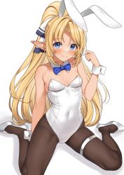 Rule 34 | 1girl, animal ears, bare shoulders, black pantyhose, blonde hair, blue bow, blue bowtie, blush, bow, bowtie, breasts, commentary request, covered navel, detached collar, elf, enjo kouhai, fake animal ears, hair ribbon, high heels, highres, iris (takunomi), leotard, long hair, looking at viewer, pantyhose, parted bangs, playboy bunny, pointy ears, rabbit ears, ribbon, shoes, simple background, sitting, small breasts, smile, solo, takunomi, thigh strap, traditional bowtie, very long hair, wariza, white background, white footwear, white leotard, wrist cuffs