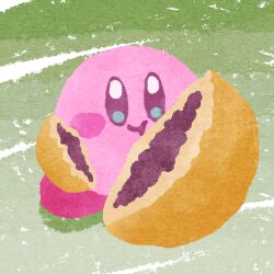 Rule 34 | blush stickers, closed mouth, dorayaki, eating, food, food focus, grass, highres, holding, holding food, kirby, kirby (series), looking at viewer, miclot, nintendo, no humans, pink footwear, shoes, smile, wagashi