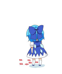 Rule 34 | 1girl, blue bow, blue dress, blue hair, bow, cirno, commentary request, dress, highres, ice, ice wings, power-up, power item (touhou), puffy short sleeves, puffy sleeves, shirt, short hair, short sleeves, simple background, socks, solo, totoharu (kujirai minato), touhou, white shirt, wings