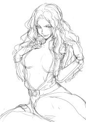 Rule 34 | 1girl, alternate costume, breasts, cleavage, gloves, highres, kolin, large breasts, leotard, lips, long hair, long sleeves, monochrome, no bra, open clothes, simple background, sitting, sketch, skin tight, smile, solo, street fighter, street fighter v, sus304308, thick thighs, thigh strap, thighs, unzipped, wavy hair, white background