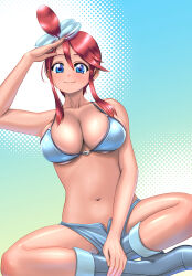 Rule 34 | 1girl, absurdres, arm up, bare arms, bikini, blue eyes, boots, breasts, closed mouth, collarbone, commentary request, creatures (company), eyelashes, game freak, hadairo rainbow, hair between eyes, highres, large breasts, looking at viewer, navel, nintendo, pokemon, pokemon bw, red hair, salute, shiny skin, sitting, skyla (pokemon), smile, solo, spread legs, swimsuit