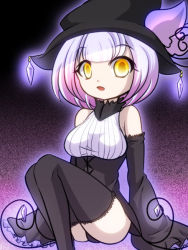 Rule 34 | 10s, 1girl, breasts, chandelure, corset, creatures (company), detached sleeves, female focus, game freak, gen 5 pokemon, hat, nintendo, open mouth, panties, personification, pokemon, pokemon bw, purple hair, shiratsuki (royal moon), simple background, sitting, sleeves past wrists, solo, thighhighs, underwear, yellow eyes