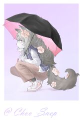 Rule 34 | 1girl, absurdres, animal ears, blue eyes, blue vest, commission, commissioner name, dutka25, flower, from side, furry, furry female, gradient background, grey background, grey hair, hair flower, hair ornament, head rest, highres, holding, holding umbrella, long hair, long sleeves, original, pants, profile, shirt, shoes, socks, solo, squatting, tail, umbrella, vest, white footwear, white shirt