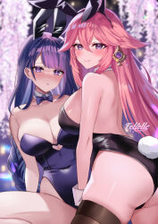 Rule 34 | 2girls, animal ears, ass, black leotard, blush, bow, bowtie, braid, breasts, cleavage, commentary, covered navel, detached collar, earrings, fake animal ears, fake tail, felielle, fox ears, genshin impact, hair between eyes, hair ornament, jewelry, large breasts, leotard, long hair, looking at viewer, low-braided long hair, low-tied long hair, mole, mole under eye, multiple girls, pink hair, playboy bunny, purple eyes, purple hair, purple leotard, rabbit ears, rabbit tail, raiden shogun, smile, strapless, strapless leotard, symbol-only commentary, tail, thighhighs, thighs, traditional bowtie, very long hair, wrist cuffs, yae miko