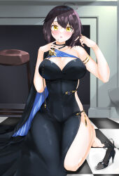 Rule 34 | 1girl, absurdres, ahoge, armlet, asymmetrical clothes, asymmetrical dress, azur lane, baltimore (azur lane), baltimore (evening breeze minuet) (azur lane), barefoot, black dress, black hair, blue cape, blush, breasts, cape, checkered floor, cleavage, collarbone, dress, evening gown, hair ornament, high heels, highres, indoors, kijipe, kneeling, ladder cutout, large breasts, looking at viewer, official alternate costume, short hair, side cape, side slit, sideboob, sideless outfit, single-shoulder dress, single bare shoulder, solo, stool, striped cape, two-tone cape, unworn footwear, yellow eyes