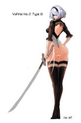 Rule 34 | 1girl, ass, back cutout, black footwear, blindfold, boots, breasts, character name, clothing cutout, covered eyes, feather-trimmed sleeves, from behind, full body, hair over eyes, hand on own hip, high heel boots, high heels, highleg, highleg leotard, highres, holding, holding sword, holding weapon, juliet sleeves, katana, legs together, leotard, long sleeves, looking back, medium breasts, mole, mole under mouth, nier (series), nier:automata, no pants, platina1945, puffy sleeves, silver hair, solo, standing, sword, thigh boots, thighhighs, thighhighs under boots, thong leotard, virtuous contract, weapon, white background, 2b (nier:automata)
