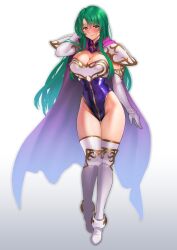 Rule 34 | 1girl, arm behind head, armor, blush, boots, breastplate, breasts, cape, cecilia (fire emblem), cleavage, d.chikusou, detached sleeves, elbow gloves, fire emblem, fire emblem: the binding blade, gloves, gold trim, gradient background, gradient clothes, green eyes, green hair, highres, large breasts, leotard, long hair, mature female, nintendo, pauldrons, purple cape, purple leotard, shoulder armor, skin tight, smile, solo, thigh boots, thighs