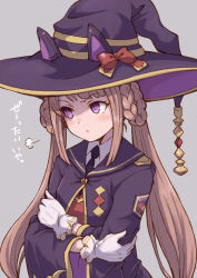 Rule 34 | 1girl, animal ears, annoyed, blush, brown hair, coat, commentary request, gloves, grey background, hat, highres, horse ears, horse girl, pout, purple eyes, satomura kyou, simple background, solo, sweep tosho (umamusume), twintails, umamusume, witch hat