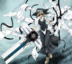 Rule 34 | 1girl, blonde hair, braid, cosplay, cross, crossover, fusion, hat, highres, jewelry, kirisame marisa, ledjoker07, necklace, nicholas d. wolfwood, nicholas d wolfwood (cosplay), short hair, smoking, solo, sunglasses, touhou, trigun, witch, witch hat