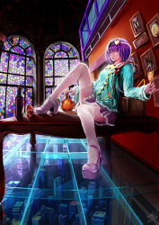 Rule 34 | 1girl, absurdres, bbkid, bottle, cityscape, cup, dated, drinking glass, foreshortening, glass floor, hairband, heart, high heels, highres, holding, komeiji satori, leg up, light smile, looking at viewer, pink eyes, purple hair, shoes, signature, solo, stained glass, table, thighhighs, touhou, white thighhighs, wine glass