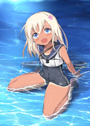Rule 34 | 10s, 1girl, bare legs, blonde hair, blue eyes, blush, flower, gin&#039;ichi (akacia), hair flower, hair ornament, kantai collection, long hair, looking at viewer, open mouth, ro-500 (kancolle), school swimsuit, shallow water, sitting, solo, swimsuit, swimsuit under clothes, tan, tanline, torpedo, water