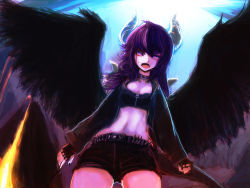 Rule 34 | 1girl, demon, demon girl, helrouis, highres, horns, original, purple eyes, purple hair, solo, wings