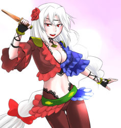 Rule 34 | 00s, 1girl, :d, adapted costume, alternate costume, bad id, bad pixiv id, black gloves, blue dress, bow, braid, breasts, cleavage, cowboy shot, dagger, dancer, dress, final fantasy, final fantasy xi, fingerless gloves, flower, frills, gloves, hair bow, hair flower, hair ornament, knife, kurirou, large breasts, long hair, looking at viewer, multicolored clothes, multicolored dress, navel, open mouth, red bow, red dress, red eyes, single braid, smile, solo, touhou, upper body, very long hair, weapon, white hair, yagokoro eirin