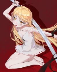Rule 34 | 1girl, absurdres, ahoge, arm up, bare legs, barefoot, black ribbon, blonde hair, blush, chunkyeggy, collarbone, commentary, dress, english commentary, eyelashes, fangs, feet, flat chest, full body, highres, holding, holding sword, holding weapon, kiss-shot acerola-orion heart-under-blade, kizumonogatari, legs, long hair, looking at viewer, monogatari (series), on ground, open mouth, oshino shinobu, pointy ears, red background, revision, ribbon, shadow, short dress, simple background, sitting, slit pupils, soles, solo, sword, toes, vampire, very long hair, weapon, white dress, wrist ribbon