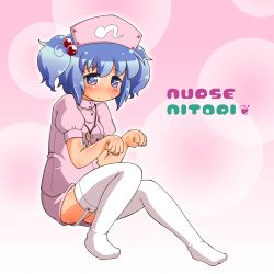 Rule 34 | 1girl, alternate costume, blue eyes, blue hair, blush, character name, female focus, frown, garter straps, hair bobbles, hair ornament, hat, high collar, jinnouchi akira, kawashiro nitori, key, looking at viewer, matching hair/eyes, no shoes, nurse, nurse cap, paw pose, pink background, puffy short sleeves, puffy sleeves, short hair, short sleeves, sitting, solo, sweatdrop, thighhighs, touhou, twintails, two side up, white thighhighs