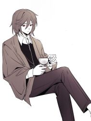 Rule 34 | 1boy, ashlynx410, closed mouth, collared shirt, cup, harada mutei, highres, holding, holding cup, holding saucer, invisible chair, jacket, limited palette, long sleeves, male focus, open clothes, open jacket, pants, red eyes, saibou shinkyoku, saucer, shirt, simple background, sitting, solo, teacup, vest, white background