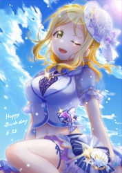 Rule 34 | 1girl, ;d, absurdres, blonde hair, blue bow, blue sky, bow, braid, cloud, crop top, crown braid, day, earrings, floating hair, green eyes, happy birthday, hat, highres, jewelry, konro kai, layered skirt, lens flare, long hair, looking at viewer, love live!, love live! sunshine!!, midriff, miniskirt, navel, ohara mari, one eye closed, open mouth, outdoors, short sleeves, skirt, sky, smile, solo, sparkle, stomach, striped bow, striped clothes, striped skirt, vertical-striped clothes, vertical-striped skirt