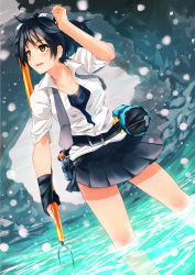 Rule 34 | 1girl, bandages, bare legs, belt, black hair, dutch angle, fingerless gloves, gloves, goggles, goggles on head, harpoon, highres, necktie, ocean, open clothes, open shirt, original, ponytail, shirt, skirt, sleeves rolled up, snow, solo, sonjow4, standing, swimsuit, swimsuit under clothes, wading, water, yellow eyes