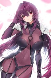 Rule 34 | 1girl, armor, blush, bodysuit, breasts, covered navel, damda, fate/grand order, fate (series), hair intakes, large breasts, long hair, looking at viewer, pauldrons, purple bodysuit, purple hair, red eyes, scathach (fate), shoulder armor, smile, solo