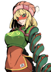 Rule 34 | 1girl, absurdres, arms (game), blonde hair, breasts, closed mouth, covered navel, domino mask, dragon (arms), green eyes, hat, highres, knit hat, large breasts, mask, medium hair, min min (arms), orange hat, pakotaroh, ringed eyes, simple background, smile, solo, white background, zipper pull tab