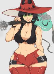 Rule 34 | 1girl, abs, bare shoulders, belt, black hair, breasts, electric guitar, green-framed eyewear, green eyes, grey background, guilty gear, guilty gear strive, guitar, hat, highres, i-no, instrument, large breasts, lips, mole, mole under mouth, muscular, muscular female, nail polish, navel, polo shirt, red lips, red shorts, short hair, shorts, smile, solo, sunglasses, thighhighs, thighs, wide hips, witch hat, yoracrab