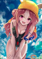 Rule 34 | 1girl, baseball cap, black one-piece swimsuit, blurry, blurry background, breasts, brown hair, cloud, commentary request, copano rickey (umamusume), double bun, ears through headwear, fang, gluteal fold, hair between eyes, hair bun, hair ornament, hat, herohero (higashi no dou), highres, long hair, looking at viewer, medium breasts, multicolored hair, one-piece swimsuit, open mouth, pink eyes, sky, smile, solo, streaked hair, swimsuit, tassel, tassel hair ornament, umamusume, walkie-talkie, whistle, whistle around neck, white hair, yellow hat
