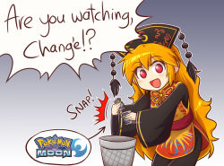 Rule 34 | 10s, 1girl, :d, ^^^, blonde hair, breaking, cartridge, chinese clothes, copyright name, creatures (company), english text, game freak, gradient background, grey background, hat, junko (touhou), long hair, long sleeves, nintendo, open mouth, pokemon, pokemon sm, red eyes, sash, simple background, smile, solo, tabard, tassel, touhou, trash can, wide sleeves, wool (miwol)