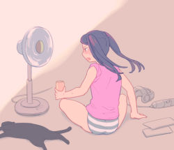 Rule 34 | 1girl, animal, back, black hair, blush, can, cat, fore, hand fan, headset, indian style, jill stingray, long hair, lying, on side, panties, sitting, sleeves rolled up, spread legs, striped clothes, striped panties, sweat, twintails, underwear, va-11 hall-a, y (35504109)