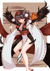 Rule 34 | 1girl, absurdres, alternate costume, black hair, blurry, breasts, cleavage, hand fan, feathers, hat, highres, japanese clothes, juunanaban, kimono, kourindou tengu costume, leaf fan, long sleeves, looking at viewer, pom pom (clothes), red eyes, shameimaru aya, smile, solo, thighs, tokin hat, touhou, wide sleeves, wings
