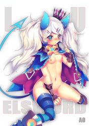 Rule 34 | 1girl, ao jun, blue eyes, blue thighhighs, blush, breasts, cape, character name, chiliarch (elsword), copyright name, crown, elsword, eyebrows, fingerless gloves, gloves, gradient background, hair ornament, hairclip, horns, long hair, luciela r. sourcream, naked cape, nipples, shoes, small breasts, solo, striped clothes, striped thighhighs, tail, thick eyebrows, thighhighs, twintails, white hair