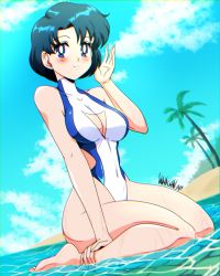 Rule 34 | 1girl, absurdres, bare arms, bare shoulders, beach, bishoujo senshi sailor moon, blue eyes, blue hair, blush, breasts, cleavage cutout, closed mouth, clothing cutout, collarbone, covered navel, danmakuman, day, full body, highres, kneeling, large breasts, mizuno ami, ocean, one-piece swimsuit, outdoors, parted bangs, short hair, sitting, smile, solo, swimsuit, thighs, wariza, water, wet
