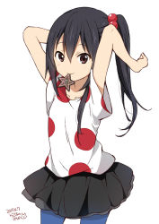 Rule 34 | 1girl, arms behind head, arms up, artist name, bare arms, black hair, black skirt, blue pantyhose, breasts, brown eyes, closed mouth, collarbone, cowboy shot, dated, hair between eyes, hair bobbles, hair ornament, k-on!, layered skirt, listen!!, long hair, looking at viewer, mouth hold, nakano azusa, pantyhose, polka dot, polka dot shirt, ponytail, ragho no erika, shirt, short sleeves, simple background, skirt, small breasts, solo, standing, star (symbol), t-shirt, white background, white shirt