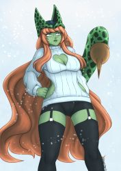 Rule 34 | 1girl, blue eyes, breasts, cell (dragon ball), cleavage cutout, clothing cutout, colored skin, dragon ball, freckles, garter straps, green skin, heart cutout, hip vent, large breasts, long hair, monster girl, orange hair, solo, tail, thighhighs, very long hair