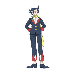 Rule 34 | 1boy, 99akt1031, absurdres, aqua eyes, black footwear, black hair, black jacket, black pants, buttons, closed mouth, commentary request, creatures (company), full body, game freak, grimsley (pokemon), hair between eyes, highres, jacket, long sleeves, male focus, nintendo, pants, pointy hair, pokemon, pokemon bw, scarf, shirt, shoes, simple background, smile, solo, standing, white background, white shirt, yellow scarf