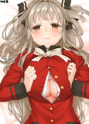 Rule 34 | 10s, 1girl, amagi brilliant park, antenna hair, blush, bra, breasts, breasts squeezed together, brown eyes, brown hair, cleavage, large breasts, long hair, looking at viewer, lying, on back, paizuri invitation, pine (pine-box), ponytail, sento isuzu, solo, sweat, underwear, uniform