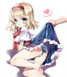 Rule 34 | 1girl, alice margatroid, ascot, bad id, bad pixiv id, blonde hair, blue eyes, blush, bow, capelet, clothes lift, frilled skirt, frills, hair ribbon, heart, manle, panties, ribbon, simple background, skirt, skirt lift, solo focus, spoken heart, striped clothes, striped panties, touhou, underwear, upskirt, white background