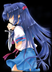 Rule 34 | 00s, 1girl, asakura ryouko, blue hair, half updo, knife, nyanmilla, school uniform, serafuku, solo, suzumiya haruhi no yuuutsu
