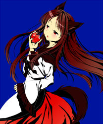 Rule 34 | 1girl, :o, animal ears, apple, bad id, bad pixiv id, blue background, brooch, brown hair, cnm, dress, facing away, fingernails, food, fruit, imaizumi kagerou, jewelry, layered dress, leaning back, long fingernails, long hair, long sleeves, nail polish, red eyes, shawl, simple background, solo, tail, touhou, wolf ears, wolf tail