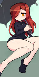 Rule 34 | 1girl, breasts, bright pupils, chibi, cross, cross necklace, frown, green background, hair over one eye, highres, holding, holding umbrella, imeni-art, jewelry, large breasts, long hair, necklace, parasoul (skullgirls), red hair, sitting, skirt, skullgirls, solo, sweater, thick thighs, thighs, turtleneck, turtleneck sweater, umbrella, white pupils, wide hips, yellow eyes