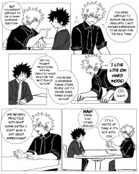 Rule 34 | 2boys, bakugou katsuki, bakuverde, boku no hero academia, collared shirt, comic, commentary, english commentary, english text, freckles, greyscale, highres, long sleeves, looking at another, male focus, midoriya izuku, monochrome, multiple boys, open mouth, pants, shirt, short hair, sitting, speech bubble, spiked hair, standing, yaoi