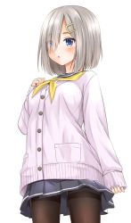 Rule 34 | 10s, 1girl, black pantyhose, blue eyes, blush, cardigan, commentary request, cowboy shot, eyes visible through hair, fujishima shinnosuke, hair ornament, hair over one eye, hairclip, hamakaze (kancolle), hand on own chest, kantai collection, neckerchief, pantyhose, pleated skirt, pocket, sailor collar, school uniform, serafuku, silver hair, simple background, skirt, sleeves past wrists, solo, thighband pantyhose, white background, yellow neckerchief