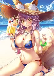 Rule 34 | 1girl, :q, animal ear fluff, animal ears, bangle, barefoot, beach, bikini, blue bikini, blue sky, blurry, blush, bracelet, breasts, cleavage, cloud, collarbone, covered erect nipples, cup, day, depth of field, fate/grand order, fate (series), food, fox ears, fox tail, fruit, groin, hair between eyes, halterneck, hat, heirou, holding, holding cup, holding spoon, ice cream, jewelry, large breasts, looking at viewer, messy hair, mug, navel, necklace, ocean, pink hair, sand, seiza, side-tie bikini bottom, sitting, skindentation, sky, smile, solo, spoon, stomach, straw hat, strawberry, string bikini, sundae, swimsuit, tail, tamamo (fate), tamamo no mae (fate/extra), tamamo no mae (swimsuit lancer) (fate), thighs, tongue, tongue out, waves, wet, yellow eyes