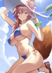 Rule 34 | 1girl, absurdres, animal ear fluff, animal ears, bare shoulders, bikini, blue bikini, blue sky, blush, bracelet, breasts, cleavage, collarbone, fate/grand order, fate (series), fox ears, fox girl, fox shadow puppet, fox tail, grin, hat, highres, jewelry, kneeling, kurozawa yui, large breasts, long hair, looking at viewer, navel, necklace, pink hair, sidelocks, sky, smile, solo, sun hat, swimsuit, tail, tamamo (fate), tamamo no mae (fate/extra), tamamo no mae (swimsuit lancer) (fate), tamamo no mae (swimsuit lancer) (third ascension) (fate), thighs, white hat, yellow eyes
